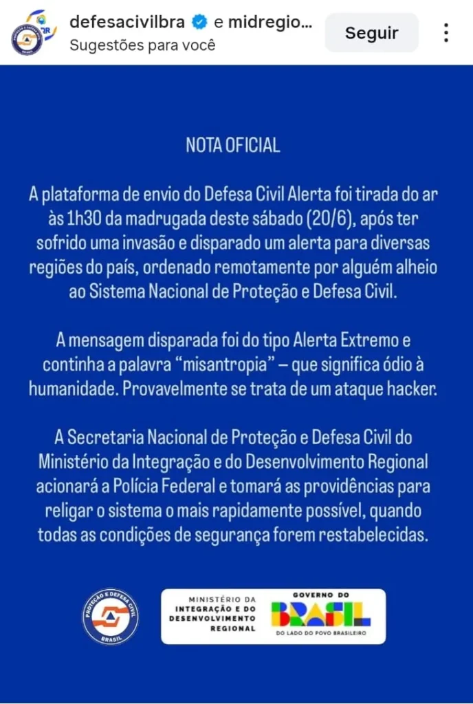 Nota oficial da Defesa Civil