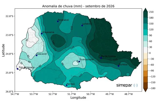mapa com a anomalia de chuva (mm), no Paraná, em setembro de 2026